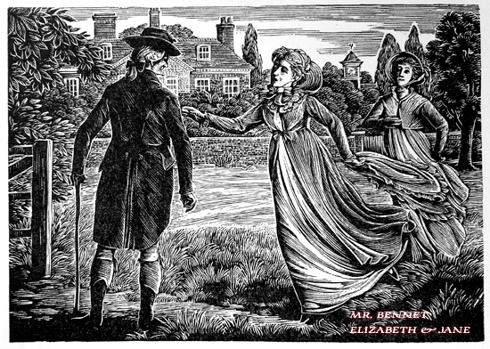 Mr. Bennet e as filhas, Elizabeth e Jane, ilustração de Joan Hassal